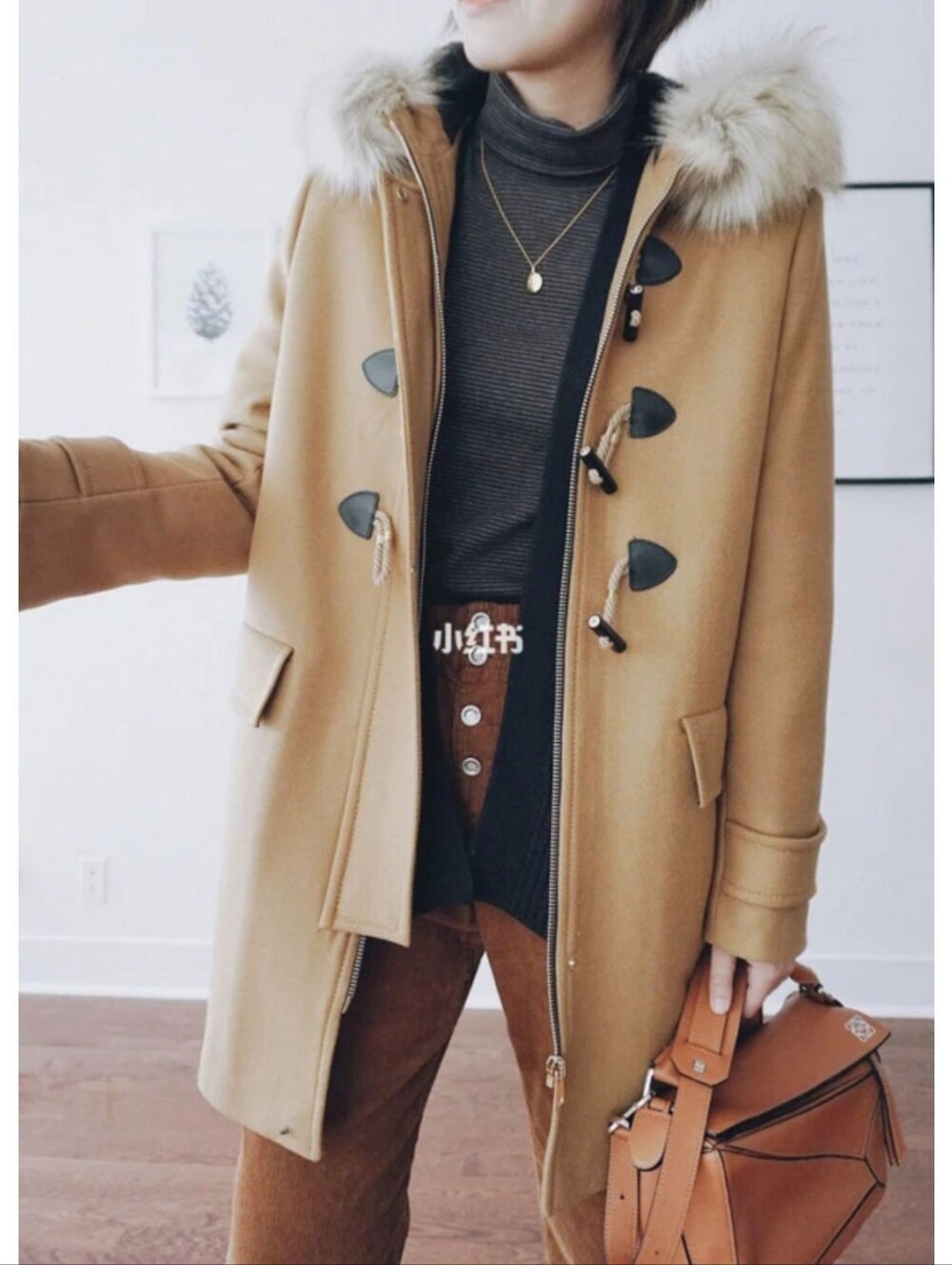 Zara Wool Hooded Coat Toggle Zipper Fur Trim Camel Tan Pockets Winter Jacket